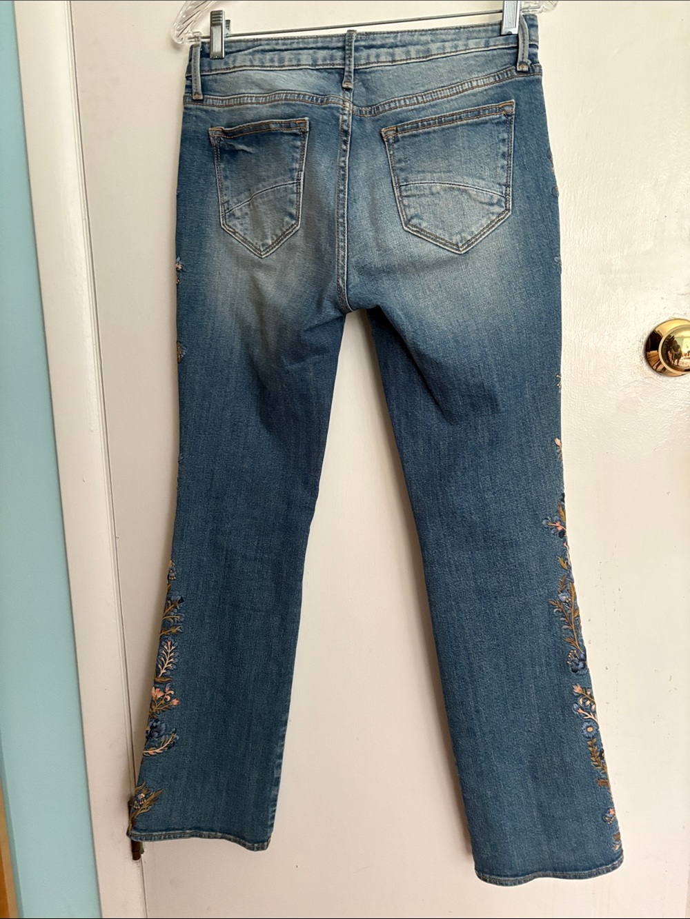 DRIFTWOOD Blue Denim Flare Jeans with Pink & Green Floral Embroidery - Picture 3 of 4